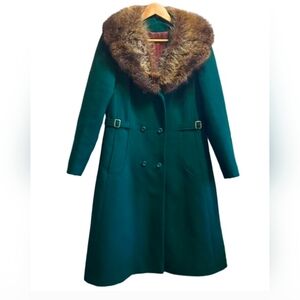 Sears Vintage Emerald Green Fox Fur Collar Fitted Wool Women's Coat